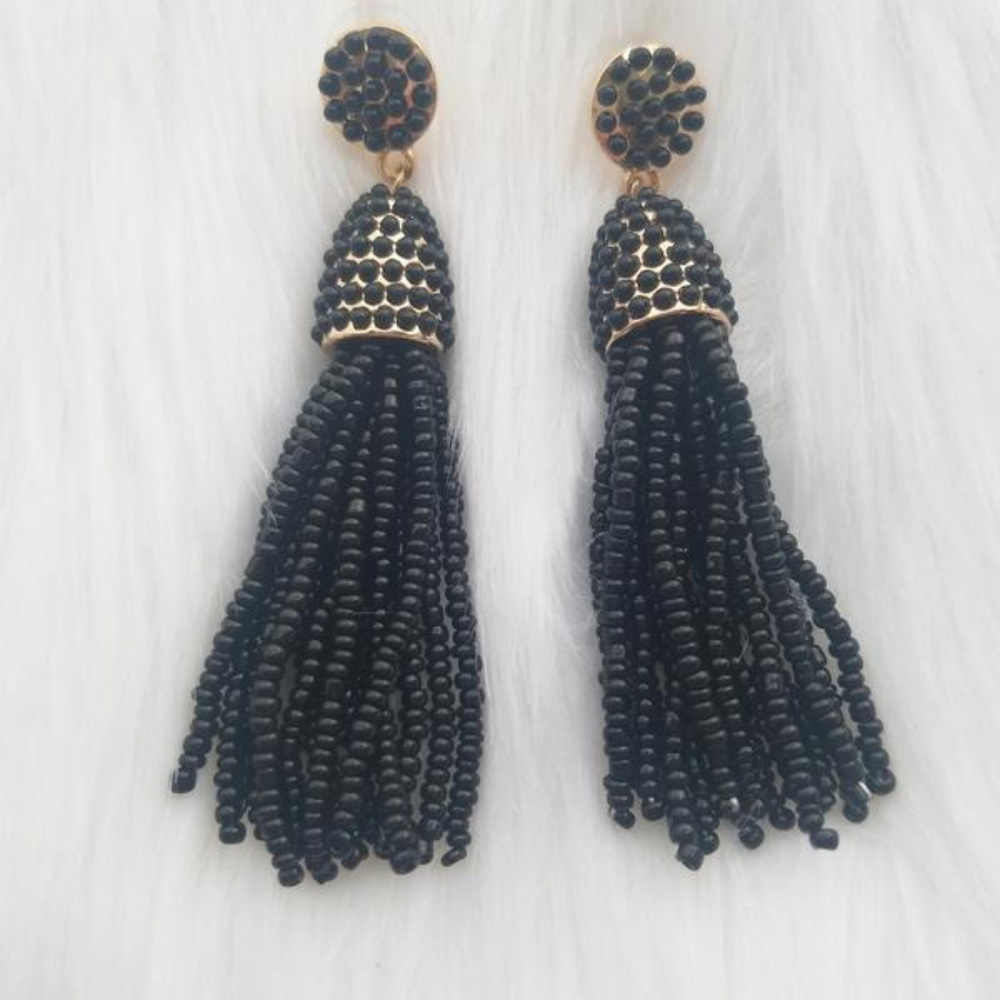 Black beaded tassel earrings